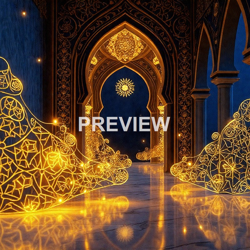 The image shows an intricately decorated archway with golden illuminated designs, set against a dark night sky, reflecting on the polished floor.